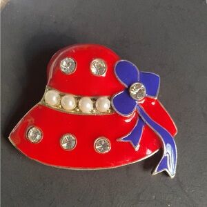 Vintage Red Enamel Hat Brooch Pin